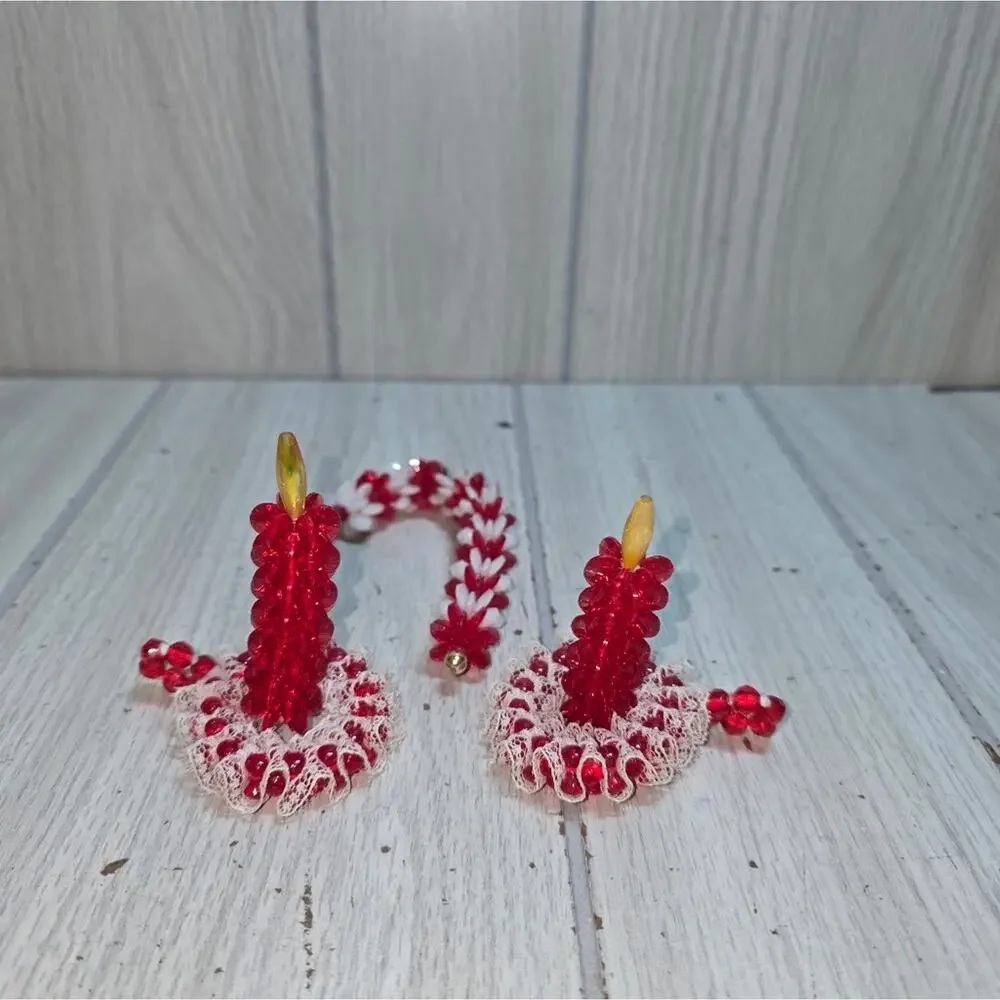 Vtg Handmade Plastic Beaded Candle Sticks & Candy Cane Christmas 3” Set of 3